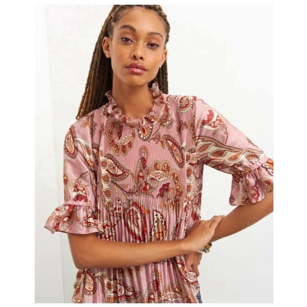 Letrueke Pink Paisley Pleated Peplum Blouse Ruffle Mock Neck Short Sleeve sz4